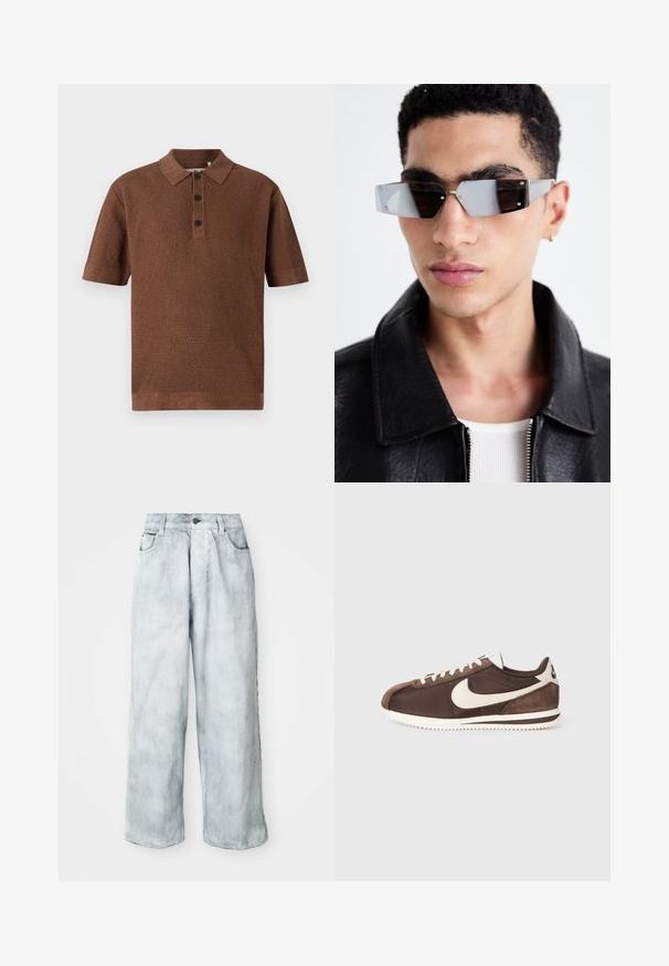 Rudos megzto polo marškiniai su tekstūriniu raštu, trumpomis rankovėmis, trimis mygtukais priekyje ir veliūrine apykakle bei apatine dalimi.; Šviesiai mėlynos plačios džinsinės kelnės su aukštu liemeniu, priekyje sutvirtinimu su mygtuku ir užtrauktuku, diržo kilputėmis bei priekinėmis ir galinėmis kišenėmis.; Rudi sportbačiai, pagaminti iš zomšos ir kanvos, su baltu Nike swoosh logotipu ir tekstūruotais guminiais padėklais.; Kampinis pilkai tonuoti akiniai nuo saulės su sidabrinėmis detalėmis, prieš šviesų foną. Lęšiai turi unikalią geometrinę formą.