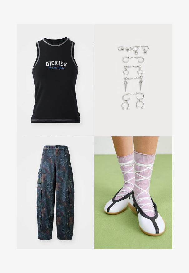 Juodas be rankovių tankas su pilkais siūlais. Su "DICKIES" logotipu balta ir mėlyna spalvomis. Pagamintas iš lygaus, tampraus audinio.; Tamsiai žalios ir rudos kamufliažinės krovinių kelnės, turinčios daug kišenių ir laisvą siluetą, pagamintos iš lengvos, patvarios medžiagos.; Balti plokšti batai su juodu apvadu ir padu, derinami su šviesiai violetinėmis raukšlėtomis kojinėmis, turinčiomis baltomis kryžminėmis juostelėmis. Nustatyti žaliame fone.; Sidabro auskarų rinkinys, kuriame yra įvairių dizainų: žiedai, studai ir kabančios stiliai, su rutuliukų akcentais ir smailiais elementais.