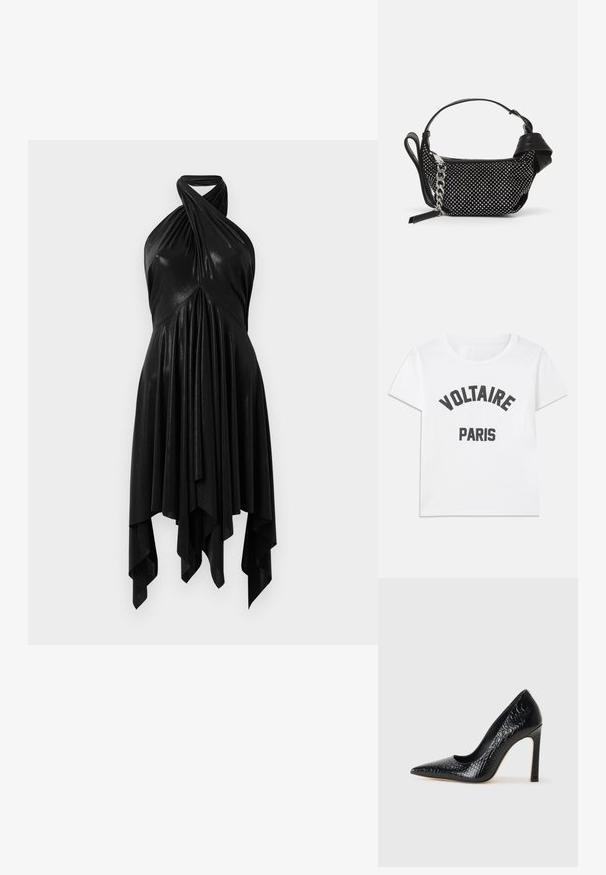 Hvid bomulds t-shirt med sort grafisk tekst, der viser "VOLTAIRE" arkit over "PARIS." Kortærmet og med rund halsudskæring.; Sort halterneck kjole med draperet design. Fremstillet af skinnende materiale, med en snoet halsudskæring og asymmetrisk fald. Glat tekstur.; Sorte spidse tå stiletto-sko i krokodilleskind med et strømlinet design, høj hæl og glat sort inderside.; Sort håndtaske med en struktureret overflade, prydet med sølvnitter og en kraftig sølv kædedyse. Har en slank, minimalistisk form.