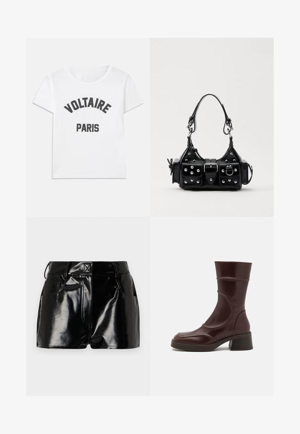 Weißes Baumwoll-T-Shirt mit schwarzem grafischem Text, der "VOLTAIRE" in einem Bogen über "PARIS" zeigt. Kurze Ärmel und runder Ausschnitt.; Schwarze, glänzende Shorts aus synthetischem Material. Mit einem taillierten Bund, Gürtelschlaufen und vorderen Taschen mit auffälligen Nähdetails.; MIISTA MALENE - Stiefelette - brown; Schwarze Lederhandtasche mit einem geschwungenen Design, verziert mit silbernen Nieten, einer Schnalle und zwei seitlichen Taschen. Verstellbarer Träger für verschiedene Tragemöglichkeiten.