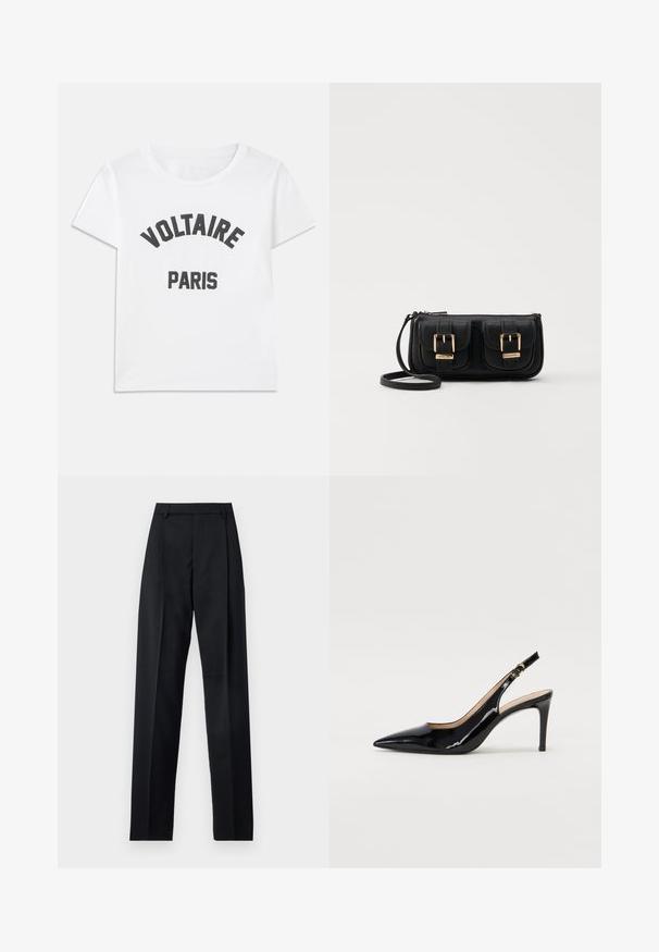Bijela pamučna majica s crnim grafičkim natpisom koji glasi "VOLTAIRE" iznad "PARIS" u lučnom obliku. Kratki rukavi i okrugli izrez.; Crne hlače od glatkog materijala s visokim strukom, širokim nogavicama, prednjim pregibima i klasičnim petljama za remen. Nema vidljivih bočnih džepova.; Crne lakirane slingback cipele s oštrim vrhom, uskim potpeticama i suptilnim izrezom. Sadrže zlatnu kopču na traku.; Crna kožna torba preko ramena s dva prednja džepa, zlatnim kopčama, zatvaranjem na zip i uskim remenom. Teksturirana površina i kompaktan pravokutan oblik.