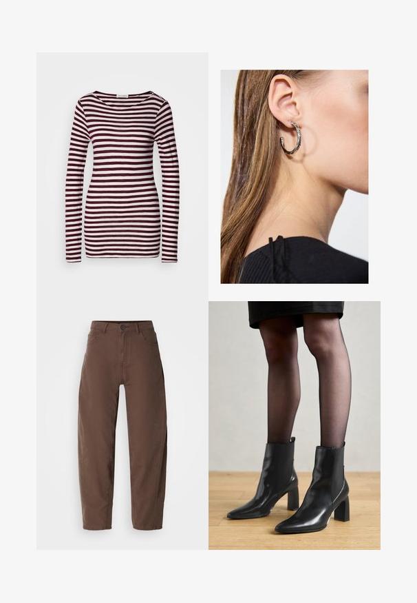 Pikend varrukatega särk laeva kaelusega, millel on horisontaalsed tumepunased ja valged triibud. Pehme, kerge kangas, millel on kehakujuline lõige.; Kohvi sirge säärega püksid, millel on esine nupp ja tõmblukk, vöölõngad ja küljetaskud, esitatud valgel taustal.; Mustad mustad jalanõud terava ninaga, paksu ruudukujulise kontsaga ja saleda disainiga. Omavad elastseid külgpaneele mugavaks selga tõmbamiseks.; Hõbedane rõngas kõrvarõngas poleeritud viimistlusega, millel on väikesed kuldsed aktsendid ja ümmargune kuju, kantud lobus.