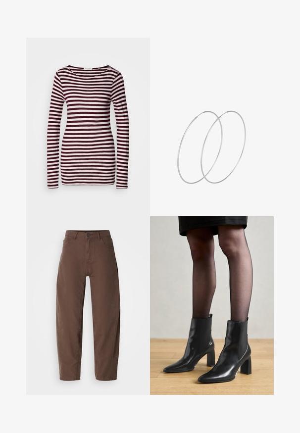 Pitkähihaisen paita, jossa on avara kaula-aukko, maroonin ja valkoisten vaakasuorojen raidoin. Pehmeä, kevyt kangas, jossa on istuva malli.; Ruske su ravne hlače s prednjim dugmetom i zatvaračem, petljama za remen i bočnim džepovima, prikazane na bijeloj pozadini.; Mustat nahkasaappaat nilkkamittaisella varrella, terävässä kärjessä, paksussa neliömassassa ja tyylikkäässä muotoilussa. Varustettu joustavilla sivupaneeleilla, jotka helpottavat pukemista.; Hopehope hopeilla, joissa on minimalistinen muotoilu. Pyöreä muoto, sileä pinta ja ohut profiili. Kevyet ja kiillotetut.