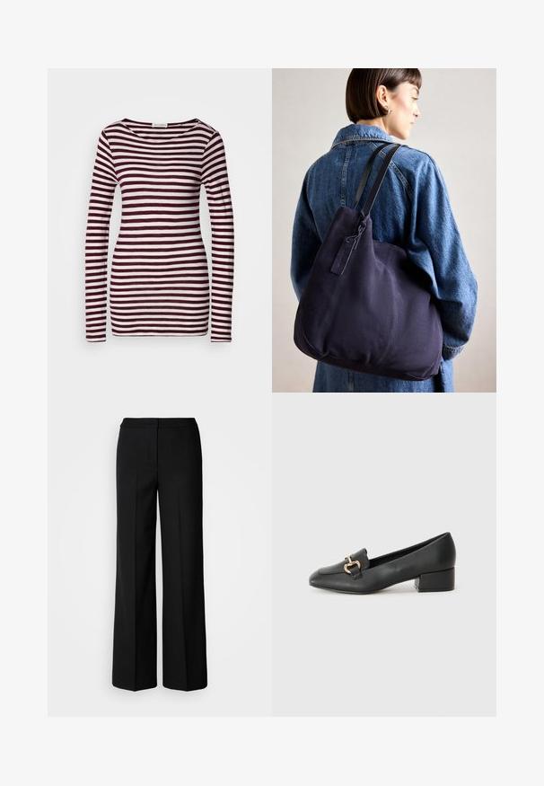 Ilga rankovė marškiniai su plačiu kaklu, su horizontaliomis bordo ir baltomis juostelėmis. Minkšta, lengva medžiaga ir prigludusi forma.; Juodos plačios kojų kelnės su lygia medžiaga, pasižyminčios aukštu liemeniu, pritaikytais siūlėmis ir minimalistiniu dizainu. Nėra matomų metalo detalių ar kišenių.; Juodi odiniai loaferiai su plokščiu kulnu, su dekoratyvia auksine detalės priekyje ir glotnia tekstūra.; Tamsiai mėlynas drobės petinis krepšys su minkšta, struktūruota forma, pasižymintis juodu diržu, siuvinėtomis detalėmis ir mažyčiu prekės ženklo žymekliu.