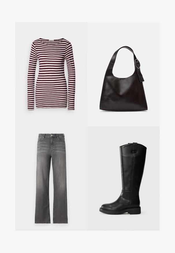 Ilga rankovė marškiniai su plačiu kaklu, su horizontaliomis bordo ir baltomis juostelėmis. Minkšta, lengva medžiaga ir prigludusi forma.; Vidutinio ilgio pilkos džinsinės plačios kojų kelnės su subtiliu blukimu, klasikinis penkių kišenių dizainas ir metalinis mygtuko užsegimas. Reguliaraus ilgio apdaila.; Juodas odinis iki kelių botaugas su apvaliu pirštu, masyviu padu, minimaliais siūlais ir logotipo akcentu gale. Lygus tekstūra.; Ruda odinė petinė kuprinė su lygiu paviršiumi, apvalia forma, plačia juosta ir apvaliu metaliniu akcentu ant rankenos.