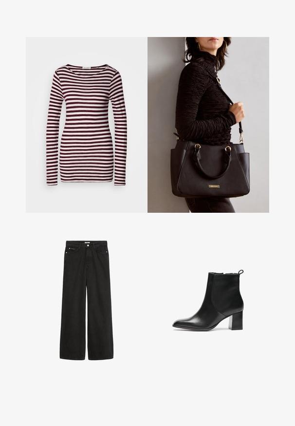 Langermet skjorte med båtformet hals, med horisontale maroon og hvite striper. Mykt, lett stoff med en figursydd fasong.; Bredde ben svarte denimjeans med høy midje. Har fem lommer, metallhardware og en ren finish. Teksturen er glatt og myk.; Svarte skinn ankelstøvler med rund tå, middels høy blokkhæl og en trekkflik bak. Glatt tekstur, minimalistisk design.; Svart håndveske med teksturert overflate, doble topphåndtak og justerbar skulderrem. Har detaljer i gulltone og sidelommer.