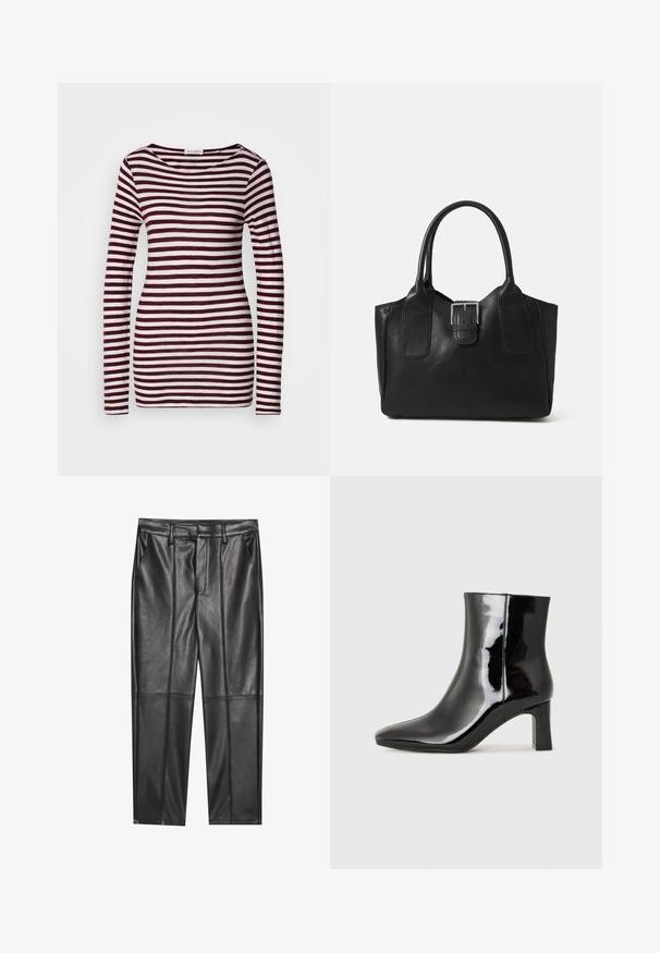 Long-sleeve shirt with a boat neck, featuring horizontal maroon and white stripes. Soft, lightweight fabric with a fitted shape.; Black leather trousers with a smooth texture, featuring a straight fit, two front pockets, and visible seam detailing.; Black patent leather ankle boot with a pointed toe and a mid-height block heel. Smooth texture and minimalist design.; Black leather tote bag with smooth texture, structured shape, two handles, and a prominent silver buckle detail on the front.