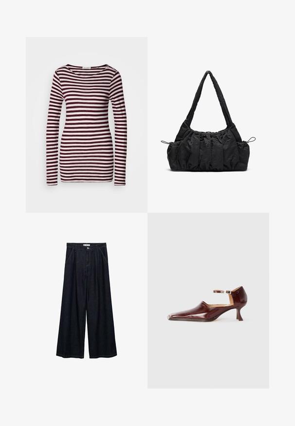 Dlouhý rukáv s lodičkovým výstřihem, s horizontálními pruhy v barvách vínové a bílé. Měkká, lehká tkanina s přiléhavým střihem.; Tmavě modré široké kalhoty s vysokým pasem, které mají zapínání na přední knoflík, dvě boční kapsy a švy.; Burgundské lakované boty s špičatou špičkou, kotníkovým pásem a 5 cm zúženým podpatkem. Hladký povrch a minimalistický design.; Černá látková kabelka se skládáním, dvěma ramenními popruhy a stahovacími šňůrkami po stranách. Hladký, lehký materiál.