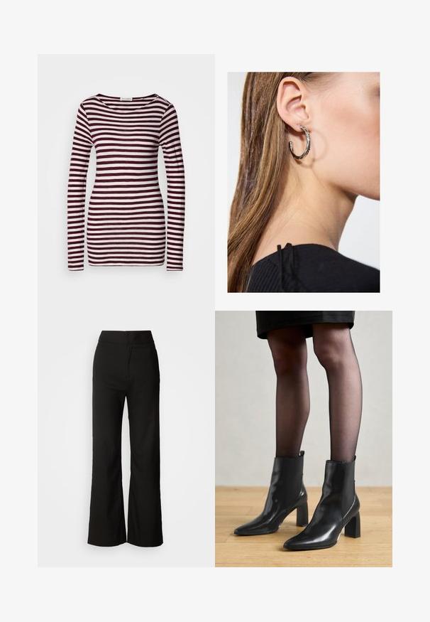 Langermet skjorte med båtformet hals, med horisontale maroon og hvite striper. Mykt, lett stoff med en figursydd fasong.; Sorte vidde-bukser med glatt tekstur, høy midje og et rent design. Ingen synlige lommer eller pynt.; Sorte ankelstøvler i skinn med spiss tå, chunky firkantet hæl, og slank design. Har elastiske sidede paneler for enkel påføring.; Sølv ringøredob med en polert finish, med små gull detaljer og en rund form, båret på øreflippen.