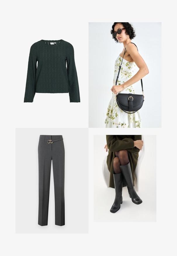 Camisola de manga longa verde escura com um padrão geométrico texturizado, apresentando um decote redondo e um corte solto. O tecido parece leve e respirável.; Calças femininas ajustadas em cinza escuro com pernas retas e um cinto fino coincidente com uma fivela em tom dourado.; Botas de couro pretas até ao joelho com biqueira quadrada e salto em bloco, apresentadas com um modelo sentado num casaco verde-azeitona. Textura lisa, com detalhes mínimos.; Bolsa de couro preta com forma curva, alça destacável e detalhes em dourado. A bolsa possui uma aba com detalhe de fivela.
