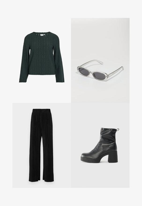 Sötétzöld, hosszú ujjú felső, textúrált geometrikus mintázattal, kerek nyakkivágással és laza fazonnal. Az anyag könnyűnek és lélegzőnek tűnik.; Fekete pliszírozott nadrág gumis derekkal. Széles lábakkal rendelkezik, sima, texturált anyagból készült, függőleges csíkokkal.; Fekete bokacsizmák sima bőrből, oldalsó cipzárral, vastag, texturált sarkú és lekerekített orrú dizájnnal.; Ovális formájú napszemüveg, átlátszó műanyag keret, sötétszürke lencsék és vékony, átlátszó szárak, logóakkcentussal és minimális díszítéssel.; Fekete bőrtáska ívelt formával, levehető pánttal és arany színű fémrészekkel. A táskán egy csattal díszített fedél található.