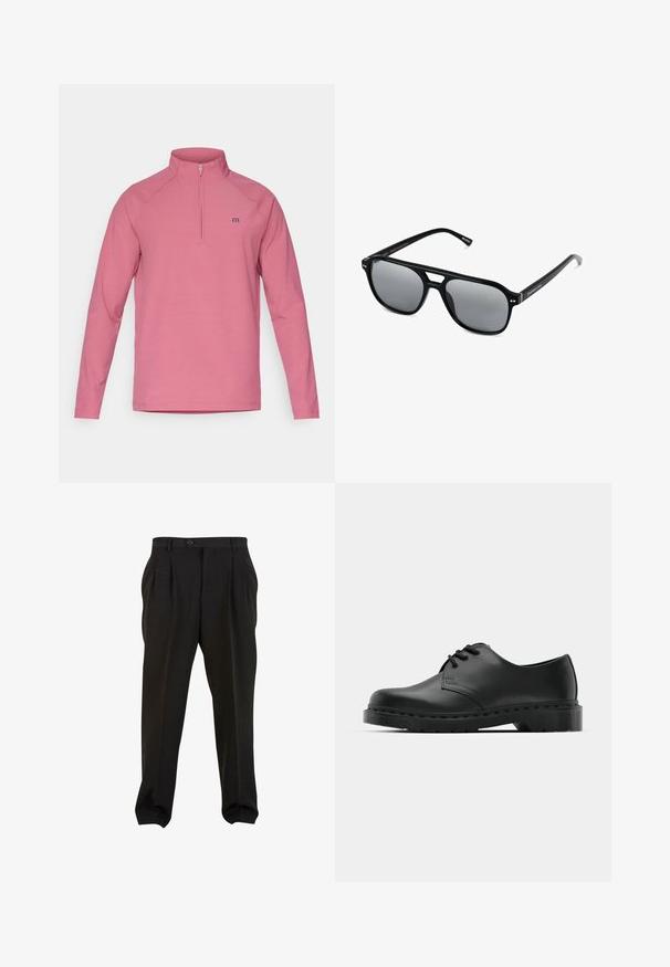Różowy longsleeve pulower z półzamkiem na szyi, charakteryzujący się dopasowanym krojem, rękawami raglanowymi oraz małym niebieskim logo na piersi.; Czarne spodnie z gładkiego materiału, z kieszeniami z przodu, zapinane na guzik w pasie i zwężanymi mankietami przy kostkach. Klasyczny sylwetka w stylu szytym na miarę.; Czarne skórzane półbuty oxford z zapięciem na sznurowadła, zaokrąglonym noskiem, płaską gumową podeszwą oraz subtelnym przeszyciem na cholewce.; Czarne okulary przeciwsłoneczne z prostokątnymi oprawkami, szarymi soczewkami i wycięciem w mostku. Gładki, błyszczący materiał plastikowy, z wąskimi zausznikami.