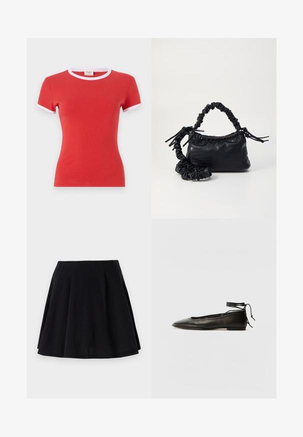 Punane puuvillane t-särk kitsas disainiga, millel on valge ääre kaela ümber ja lühikesed varrukad. Sujuv tekstuur, kerge kangas.; Musta puuvillahame, jossa on vainettava siluetti, ja vyötärön alueella on laskoksia sekä sileä pinta. Sopii arkikäyttöön.; Musta nahka ballet-flatit, joissa on terävä kärki, nilkkaremmiliitos ja litteä pohja, varustettuna sileällä pinnalla ja minimalistisella muotoilulla.; Must-have mustekahvi nahkalaukku krokotiiliaistalla, kiristetty yläosa ja rypistetty hihna. Näyttää pehmeältä ja kompaktilta muotoilultaan.