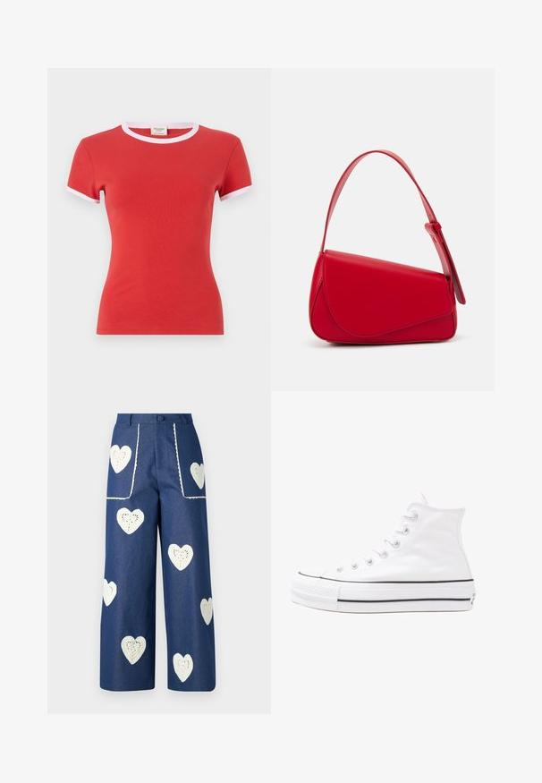 Czerwona bawełniana koszulka z dopasowanym krojem, z białym wykończeniem przy okrągłym dekolcie i krótkich rękawach. Gładka tekstura, lekki materiał.; Sister Jane HEART TO HEART niebieski denim; Białe wysokie trampki z płótna z czarną gumową podeszwą, przednim czubkiem z gumy i sześcioma dziurkami na sznurowadła, charakteryzujące się prostym, minimalistycznym designem.; Czerwona skórzana torebka o kanciastym, geometrycznym designie. Posiada jedną regulowaną rączkę oraz zapięcie na klapę z przeszyciami.