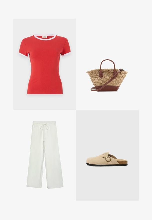 Röd bomullströja med en figurnära passform, med vit kant vid rundhalsen och korta ärmar. Slät textur, lättviktigt material.; Vita vida byxor i mjukt tyg. Har en elastisk midja med dragsko och en slät yta. Inga synliga mönster eller metalldetaljer.; Beiga mockasiner i mocka med korkfot, rund tå och en enkel rem med ett spänne i guldton. Gummisula för bra grepp.; Vävd halmstruktur med bruna läderdetaljer, två handtag och en avtagbar rem. Böjd form med en stabil botten.