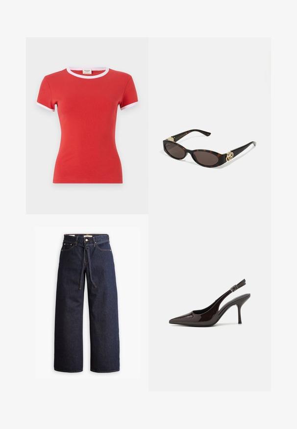 Red cotton t-shirt with a fitted design, featuring white trim at the crew neck and short sleeves. Smooth texture, lightweight fabric.; Wide-leg dark blue denim jeans with a high waist, featuring a drawstring tie, five pockets, and contrasting stitching details.; Slingback high-heeled shoe in glossy dark brown patent leather, pointed toe, open sides, and adjustable ankle strap.; Tortoiseshell sunglasses with elongated oval lenses, brown tint, gold logo accents on temples, and sleek black arms.