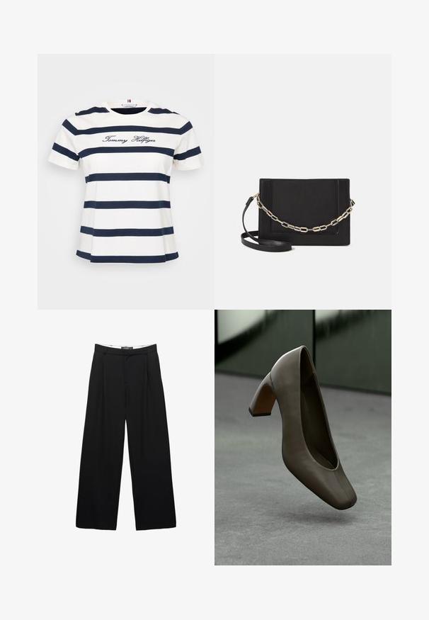 Witte T-shirt met marineblauwe horizontale strepen, ronde hals, korte mouwen en "Tommy Hilfiger" geborduurd in cursief op de voorkant.; Zwarte blouse met een bladerenpatroon in beige. Kenmerkt zich door lange mouwen, een gerimpelde halslijn en een losse fit. Gemaakt van lichte stof.; Zwarte wijde pantalon van soepel materiaal. Voorzien van plooien aan de voorkant, een tailleband met riemlussen en een getailleerd silhouet.; Donkergroen leren hoge hak met vierkante neus en blokhak, zwevend boven een grijze betonnen vloer met een vervaagde groene achtergrond.; Zwarte leren schoudertas met een gladde textuur, rechthoekige vorm en een metallic kettingdetail aan de voorkant. Verstelbare schouderband inbegrepen.; Zilveren metalen oorbellen met een golvend, sculpturaal ontwerp, voorzien van een gepolijste afwerking en onregelmatige vormen, die een hedendaagse esthetiek benadrukken.