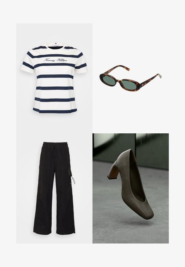 Valkoinen T-paita, jossa on tummansinisiä vaakaraitoja, pyöreä kaula-aukko, lyhyet hihat ja "Tommy Hilfiger" brodeerattu kursiivilla edessä.; Mustapaita, jossa on vaaleanbeige lehtikuvio. Ominaisuuksiin kuuluu pitkät hihat, röyhelökaula-aukko ja väljä istuvuus. Valmistettu kevyestä kankaasta.; Mustanväriset leveälahkeiset housut, jotka on valmistettu valokuvioidusta kankaasta. Varustettu joustavalla vyötärönauhalla, jossa on nyöri, sivutaskuilla sekä erottuvilla ompelu yksityiskohdilla.; Tummanoliivinvihreä nahkainen avokas, jossa on neliönmuotoinen kärki ja lohkarejalkapohja, leijuu harmaan betonilattian yAbove, taustalla on sumea vihreä maisema.; Kilpikonnakuosisuntit, joissa on soikeat kehykset ja vihreät linssit. Ominaisuuksiin kuuluu ohuet varret, joissa on metallinen korostus saranan lähellä.; Ruskea nahkalaukku, jossa on kaksi tukevasti kantavaa kahvaa, suorakaiteen muotoinen, sileä pinta ja vetoketjukiinnitys. Minimalistinen muotoilu ilman näkyviä kuvioita.; Hopeakauppaketju, jossa on aaltoileva, veistoksellinen muotoilu ja kiiltävä pinta, esittelee epäsäännöllisiä muotoja, korostaen nykyaikaista estetiikkaa.