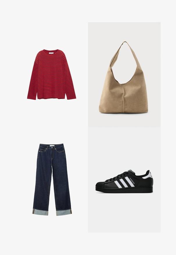 Red and navy striped long-sleeve T-shirt made of cotton, featuring a round neckline and relaxed fit with dropped shoulders.; Dark blue wide-leg jeans with a high waist, featuring rolled cuffs, contrast stitching, and five-pocket design. Made of denim fabric.; Black Adidas Superstar sneaker with white stripes, shell toe, and "Superstar" text on side, shown in side profile on white background.; Hobo bag in soft beige suede with a slouchy shape, wide shoulder strap, and a hand-stitched seam detail along the front.