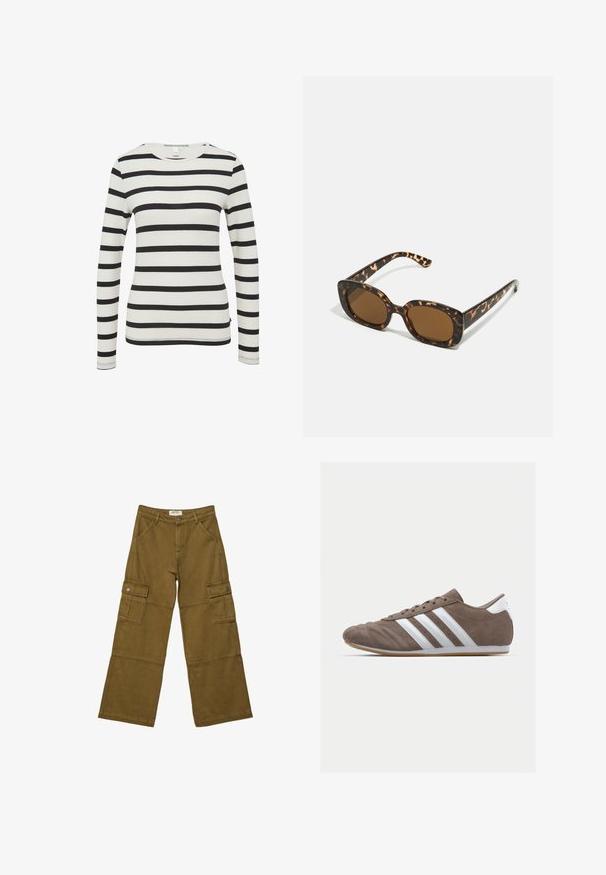 Schwarz-weißer gestreifter langärmliger Oberteil, runder Ausschnitt, taillierte Passform, weicher Stoff mit sichtbaren Nähten an den Bündchen und dem Saum.; Olivgrüne Cargo-Hosen mit lockerer Passform, aus robustem Stoff. Verfügt über große Seitentaschen, Gürtelschlaufen und dezente Nähte.; Braune Wildleder-Sportschuhe mit weißen Streifen, runder Zehenform, Schnürdesign und Gummisohle. Strukturiertes Obermaterial mit Nahtdetails.; Schildpatt-Sonnenbrille mit einem runden, klobigen Rahmen und braunen Gläsern. Verfügt über dezente Muster und gerade, zulaufende Bügel.