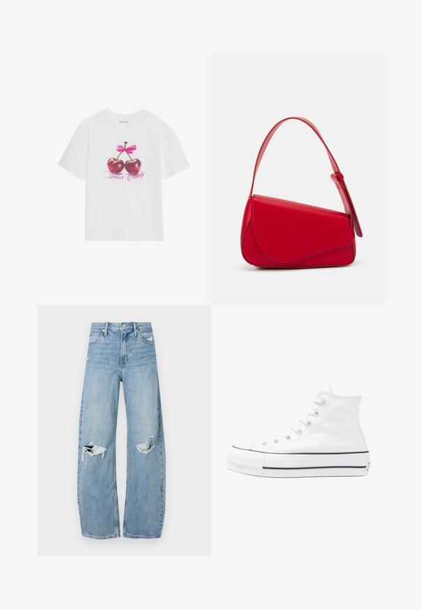 Hvid bomulds t-shirt med et grafisk design af to glinsende røde kirsebær med en pink sløjfe ovenfor og teksten "Sweet Candy" i pink.; Lysblå, højtraljede jeans lavet af denim. Har brede ben, to huller ved knæene og klassisk fem-lommes stil.; Hvide høje kanvas sneakers med sort gummisål, gummitåhætte foran og seks øjehuller til snørebånd, der har et rent, minimalistisk design.; Rød læderhåndtaske med et kantet, geometrisk design. Har en enkelt justerbar rem og en klaplukning med syede detaljer.