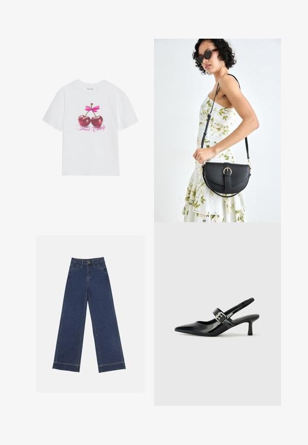 Bela bombažna majica s grafičnim dizajnom dveh sijočih rdečih češenj z rožnato pentljo nad njimi in besedilom "Sladka sladkarija" v roza barvi.; Široke traperice v temno modrem denimu. Imajo pet žepov, zanke za pas in surov rob na dnu z vidnimi šivi.; Črne patent usnjene slingback pete s koničastim nosom in majhnim blok peto, ki vključujejo srebrno zaponko na traku.; Črna usnjena torbica s ukrivljeno obliko, z odstranljivo naramnico in zlatimi dodatki. Torbica ima pokrov s podrobnostmi v obliki zaponke.