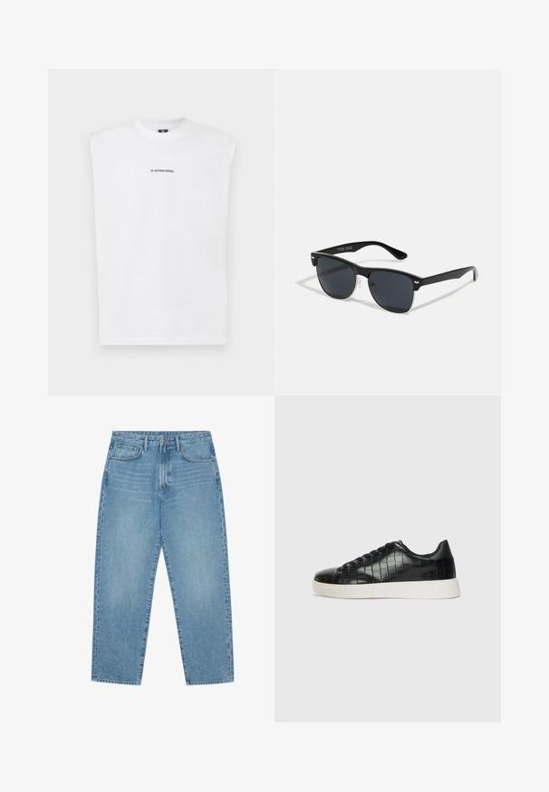 Balta be rankovių medvilninė marškinėliai, turintys apvalią iškirptę ir juodą "G-STAR RAW" logotipą spausdintą priekyje. Lygi tekstūra.; Šviesiai mėlyni džinsai su plačiomis kojomis ir aukštu liemeniu, turintys penkias kišenes, diržo kilpas ir švelnų, šiek tiek išblukusį tekstūrą.; Juodi sportiniai batai su tekstūruotu krokodilo odos pamušalu, apvalia kojų dalimi ir kontrastinga balta guma su lygiu paviršiumi.; Juodos saulės akinių su stačiakampiu rėmeliu, tamsiais lęšiais, sidabrinėmis detalėmis šventrajose ir matinio paviršiaus rėmeliu.