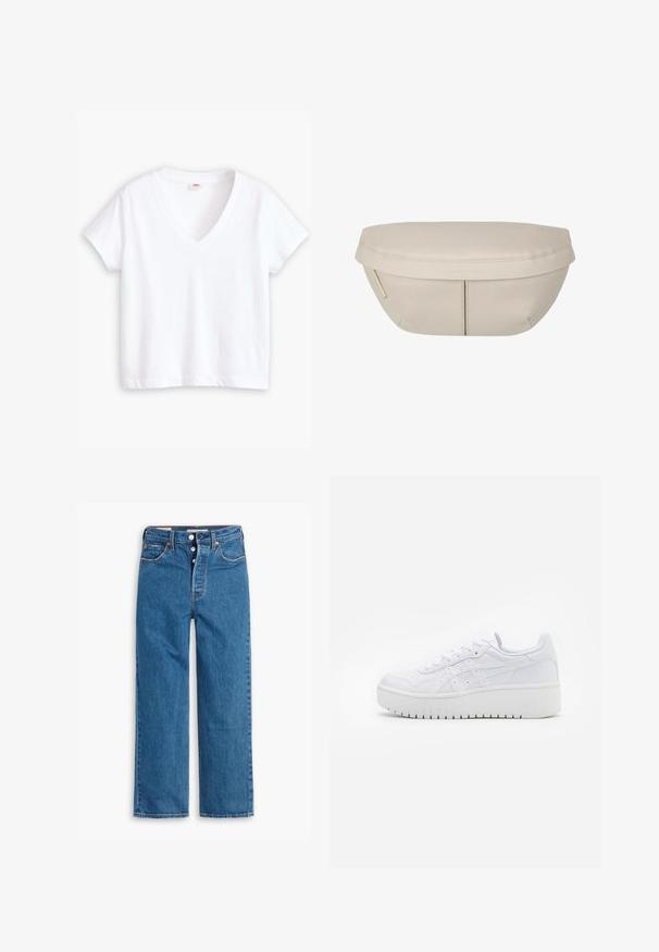 Weißes Baumwoll-T-Shirt mit V-Ausschnitt, kurzen Ärmeln und gerader Saumlinie. Weiche Textur, minimalistisches Design, keine Muster oder Akzente.; Blaue Denim-Jeans mit geradem Bein, hoher Taille, fünf Taschen und Knopfverschluss. Auffällige Nähte und Nieten in Kupferfarbe.; Weiße Plattform-Sneaker aus glattem Leder mit perforierten Details und flachen Schnürsenkeln; ausgestattet mit einer dicken weißen Gummisohle.; Beiger Stoffbeutel mit runder Form, flacher Oberseite und subtilen Nahtdetails. Enthält ein minimalistisches Logo und einen Seitengurt.