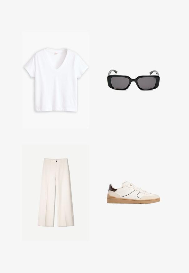 Weißes Baumwoll-T-Shirt mit V-Ausschnitt, kurzen Ärmeln und gerader Saumlinie. Weiche Textur, minimalistisches Design, keine Muster oder Akzente.; Cremfarbene weitem Hosen mit maßgeschneidertem Design, ausgestattet mit zwei vorderen Taschen und einem vorderen Knopfverschluss, aus glattem Stoff gefertigt.; Stradivarius Sneaker low - white; Schwarze rechteckige Sonnenbrille mit dunklen Gläsern, glattem Kunststoffrahmen und gebogenen Bügeln. Das Design ist klobig mit einer minimalistischen Ästhetik.; Blauer gefranster Schal aus weichem Stoff; hat eine einfarbige Oberfläche mit strukturierter Textur und gleichmäßig geschnittenem Fransen am unteren Ende.