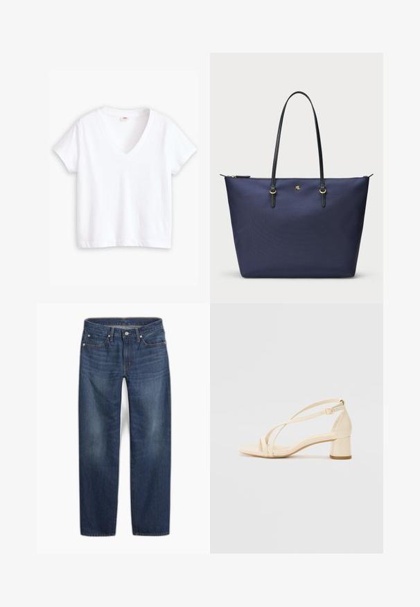 Weißes Baumwoll-T-Shirt mit V-Ausschnitt, kurzen Ärmeln und gerader Saumlinie. Weiche Textur, minimalistisches Design, keine Muster oder Akzente.; Dunkelblaue Jeans aus Denim mit geradem Bein. Merkmale sind ein Knopfverschluss, fünf Taschen und dezentes Ausbleichen im Stoff.; Beige Sandalen mit Absatz, Blockabsatz, Riemchen-Design und verstellbarem Knöchelriemen, aus glattem synthetischem Material mit matter Oberfläche.; Dunkelblaues Tragetasche aus strukturiertem Stoff, mit schwarzen Ledergriffen und goldenen Hardware-Details. Reißverschlussverschluss an der Oberseite.