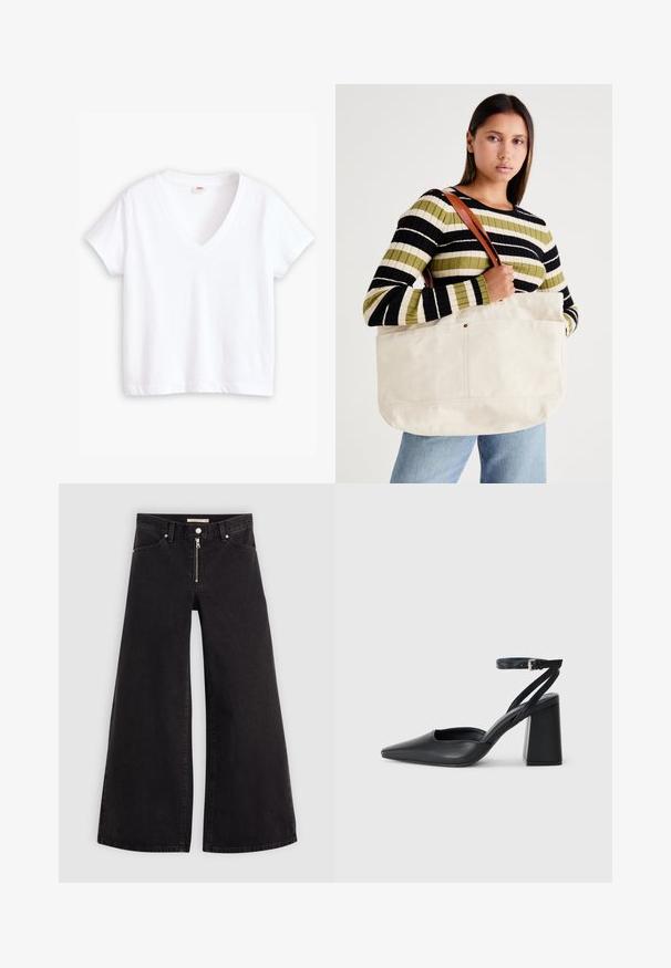 Bijela pamučna majica s V-izrezom, kratkim rukavima i ravnim rubom. Mekana tekstura, minimalistički dizajn, bez uzoraka ili akcenata.; Široke traperice od crnog denima s prednjim zatvaračem, dizajnom s pet džepova i suptilnim detaljima šivanja. Glatka tekstura i ležeran stil.; Crne kožne cipele s špicastim vrhom, remenom oko gležnja i debelim potplatom. Ravna tekstura, elegantan dizajn i minimalistička estetika.; Velika bež platnena torba s tamnosmešnim kožnim trakama, koja se ističe minimalističkim dizajnom i vidljivim šavovima.