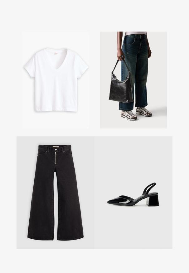White cotton t-shirt with a v-neck, short sleeves, and a straight hemline. Soft texture, minimal design, no patterns or accents.; Wide-leg jeans in black denim with a zippered front, five-pocket design, and subtle stitching details. Smooth texture and casual style.; Black patent leather slingback heels with a pointed toe and a geometric block heel. Features a sleek, minimal design and smooth texture.; Black leather shoulder bag with a smooth texture and adjustable strap, paired with faded wide-leg jeans and athletic sneakers.