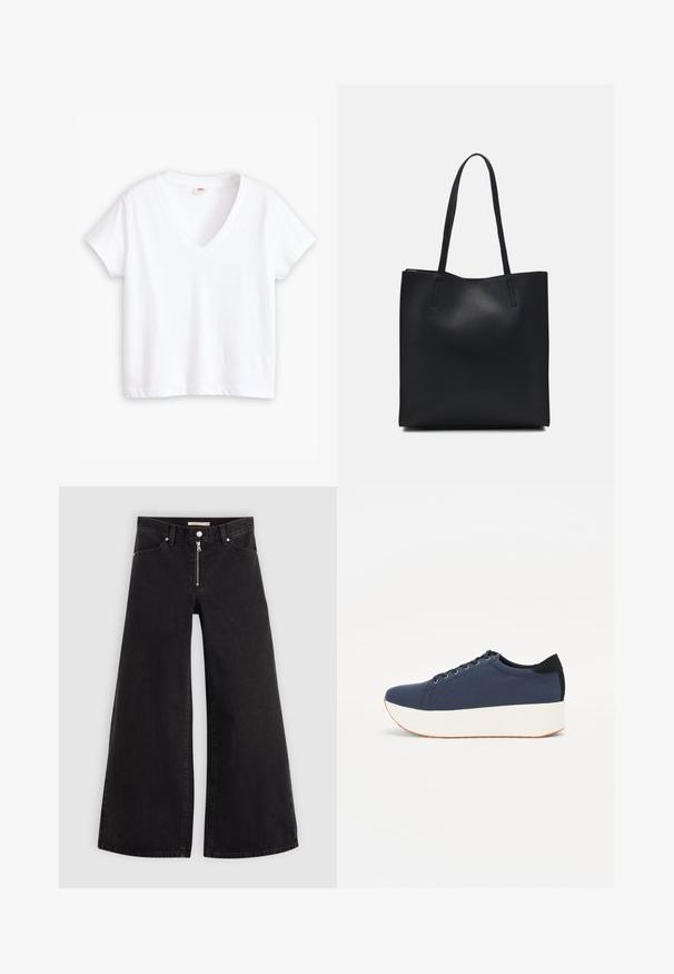 Biela bavlnená tričko s výstrihom do V, krátkymi rukávmi a rovnou spodnou časťou. Mäkko textúra, minimálny dizajn, bez vzorov alebo akcentov.; Dlhé nohavice vo voľnom strihu z čierneho denimu so zipsom vpredu, päť vrecúškovým dizajnom a jemnými stehovými detailmi. Hladká textúra a neformálny štýl.; Námornícky modré tenisky s textúrovaným textilným zvrškom, bielou platformovou podrážkou, zaoblenou špičkou a čiernym akcentom na päte. Obsahujú šesť otvorov na šnúrky.; Čierna kožená taška na rameno s hladkým povrchom, obdĺžnikovým tvarom a dvoma dlhými uchami. Bez viditeľného kovania alebo ozdôb.