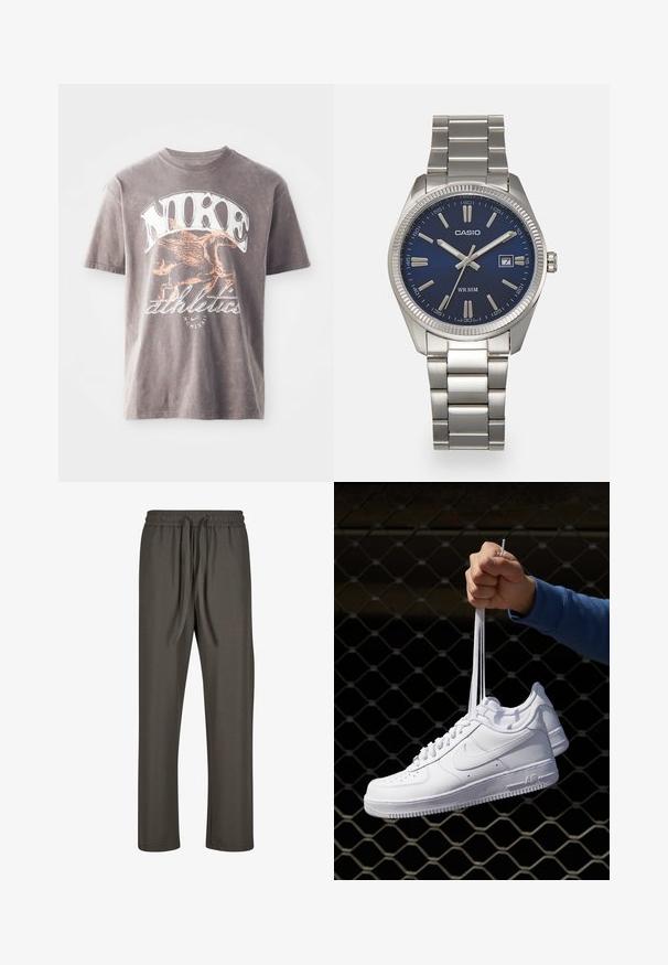 Šedé bavlněné tričko s bílým logem "Nike" a oranžovou grafikou okřídleného koně s nápisem "athletics" níže, s klasickým kulatým výstřihem.; Tmavě šedé, lehké kalhoty se stahovací šňůrkou, elastickým pasem, rovný střih a hladkou texturou. Vhodné na volný čas nebo lenošení.; Bílé kožené tenisky s perforacemi, kulatou špičkou, plochou podrážkou a silnými tkaničkami, které mají viditelné logo swoosh a nápis "AIR" na patě.; Stříbrný nerezový náramkový hodinky s navy modrým ciferníkem, kovovými hodinovými značkami a oknem pro datum na hodině 3. Vodotěsné do 50 metrů.