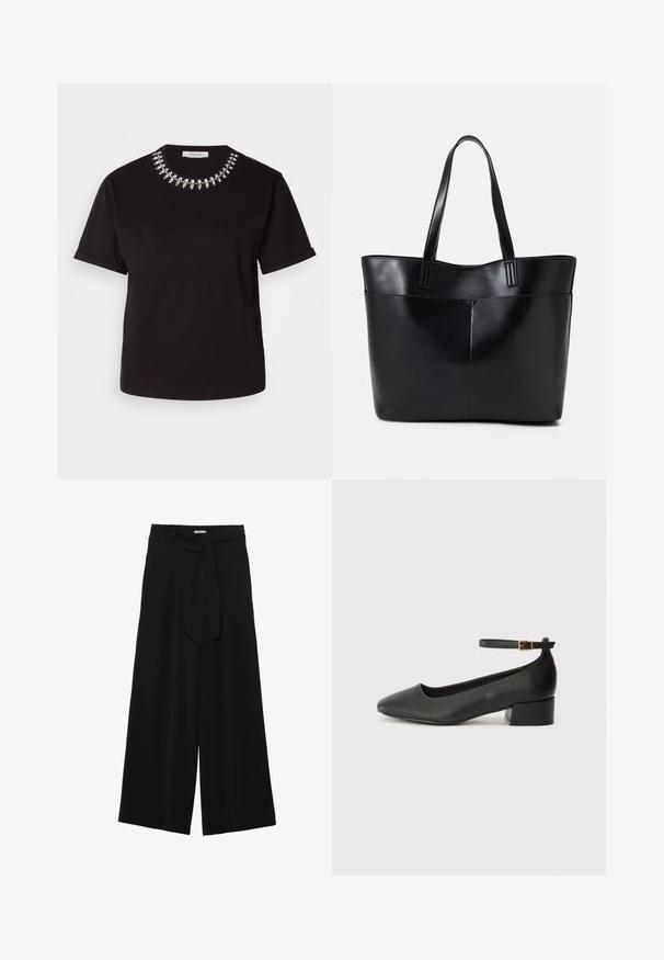 Camiseta negra de manga corta con cuello redondo, que presenta un collar decorativo de cuentas plateadas. Confeccionada en una tela suave y lisa.; Pantalones de pierna ancha negros con un tejido texturizado, una cinturilla elástica y un lazo desmontable en la cintura para un ajuste ajustable.; Zapato de tacón negro de cuero con punta afilada y tacón bajo cuadrado. Presenta una correa para el tobillo con una hebilla en tono dorado. Textura suave.; Bolso tote de cuero negro con dos asas largas, textura suave y forma estructurada. Cuenta con un bolsillo frontal para almacenamiento adicional.
