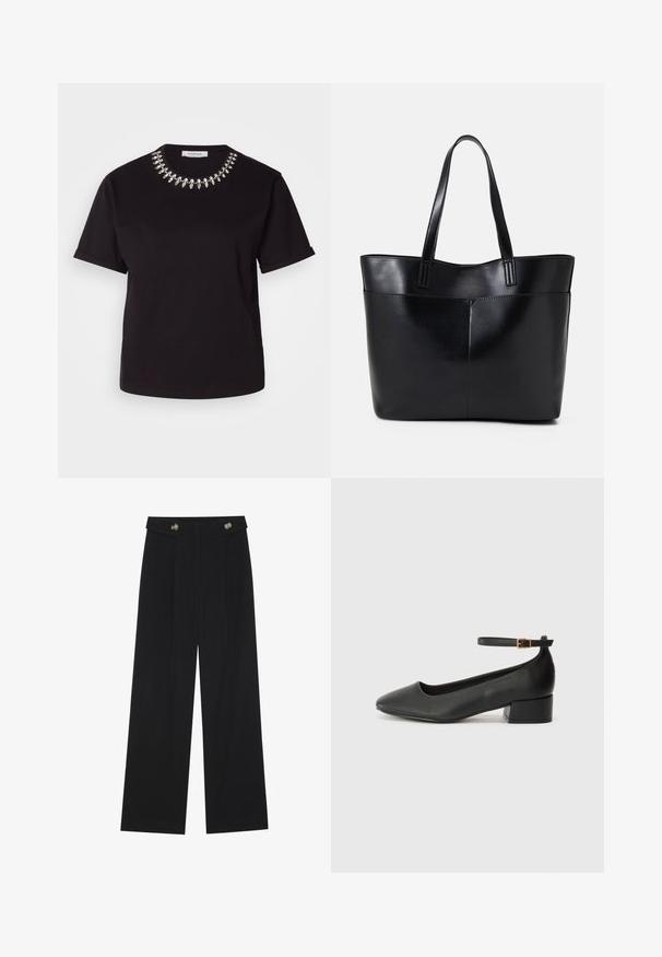 Zwarte korte mouwen T-shirt met een ronde hals, voorzien van een decoratieve zilverkleurige kraalhals. Gemaakt van zacht, glad materiaal.; Zwarte wijde broek met hoge taille, knoopdetails op de tailleband en plooien aan de voorkant.; Zwarte leren pump met een spitse neus en een lage blokhak. Beschikt over een enkelband met een goudkleurige gespsluiting. Gladde textuur.; Zwarte leren tote bag met twee lange handvatten, een zachte textuur en een gestructureerde vorm. Voorzien van een voorvak voor extra opslagruimte.