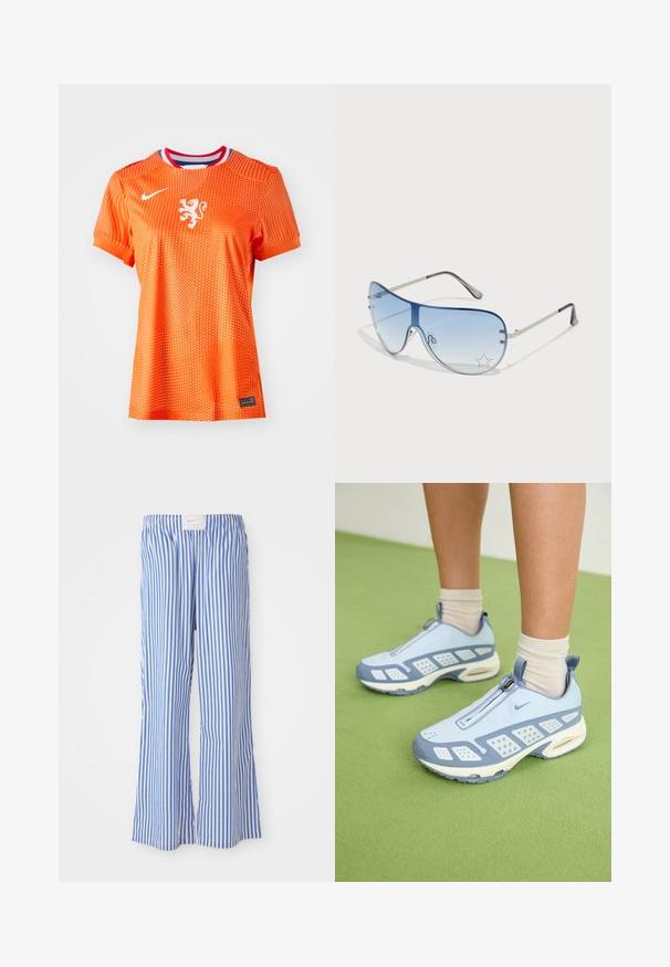 Oranžna nogometna majica z belim grbom leva, okrogli ovratnik z rdečimi in modrimi detajli, površina s pikčasto vzorcem, kratki rokavi in črna oznaka.; Modre in bele črtaste hlače s sproščenim krojem, izdelane iz lahkega materiala, z elastičnim pasom in diskretno oznako logotipa.; Svetlo modre športne čevlje z belimi poudarki, teksturiranimi paneli in zadrgo. Vključujejo vidno zračno oblazinjenje v podplatu in gumijast podplat.; Pilotne sončne očala z gradijentnimi modrimi lečami, srebrnim kovinskim okvirjem in okrasnimi zvezdastimi detajli na lečah. Gladek in eleganten dizajn.