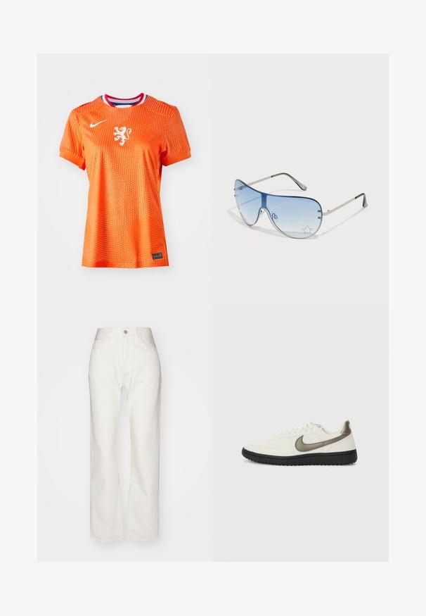 Oranžový futbalový dres s bielym emblémom leva, okrúhly výstrih s červenými a modrými akcentmi, zvršok s bodkovaným vzorom, krátke rukávy a čierny detail štítka.; Biele džínsy so zvýšeným pásom a širokými nohavicami. Majú zapínanie na gombík a zips, pútka na opasok a jemné detaily stehov.; Nike Sportswear FIELD GENERAL - Tenisky - off-white/black; Pilotné slnečné okuliare s prechodovým modrým sklom, strieborným kovovým rámom a ozdobnými hviezdičkovými akcentmi na sklách. Hladký a elegantný dizajn.