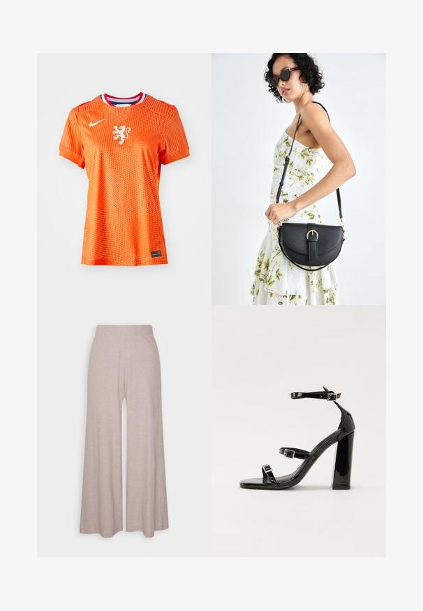 Camiseta de fútbol naranja con emblema de león blanco, cuello redondo con acentos en rojo y azul, superficie con patrón de puntos, mangas cortas y detalle de etiqueta negra.; Pantalones de pierna ancha en gris claro, hechos de una suave tela de canalé, con una cinturilla alta y piernas de largo completo con una sutil textura.; Sandalias de tacón de charol negro con punta cuadrada, correas en el tobillo y hebillas plateadas. Presentan un tacón grueso para mayor estabilidad.; Bolso de piel negra con forma curva, correa desmontable y herrajes dorados. El bolso cuenta con una solapa con un detalle de hebilla.