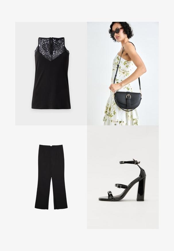 Top nero senza maniche con sovrapposizione in pizzo sul collo, con un design a forma di V e una chiusura con cerniera sul retro. Tessuto dalla superficie liscia.; Pantaloni neri a gamba dritta, con tasche frontali e spacchi laterali all'orlo. Realizzati in tessuto morbido e liscio. Adatti a diverse occasioni.; Sandali con tacco alto in vernice nera con due cinturini con fibbia, punta quadrata e tacco spesso a blocco, caratterizzati da una texture liscia e lucida.; Borsa a tracolla nera in pelle con una forma curva, manico rimovibile e accessori dorati. La borsa presenta una patta con un dettaglio a fibbia.
