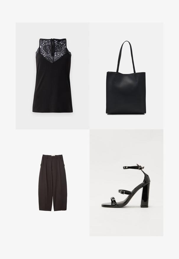 Crna majica bez rukava s čipkastim pokrovom na izrezu, s V-oblikovanim dizajnom i patentnim zatvaračem na leđima. Glatka tekstura tkanine.; Crne široke hlače napravljene od glatke tkanine, s visokim strukom, prednjim nabranjima i bočnim džepovima. Jednostavan dizajn bez ukrasa.; Crne lakirane sandale na pete sa kvadratnim nosom, trakama oko gležnja i srebrnim kopčama. Imaju čvrst blok petu za stabilnost.; Crna kožna torba za nošenje s glatkom teksturom, pravokutnim oblikom i dvije duge ručke. Nema vidljivih metalnih dijelova ili ukrasa.