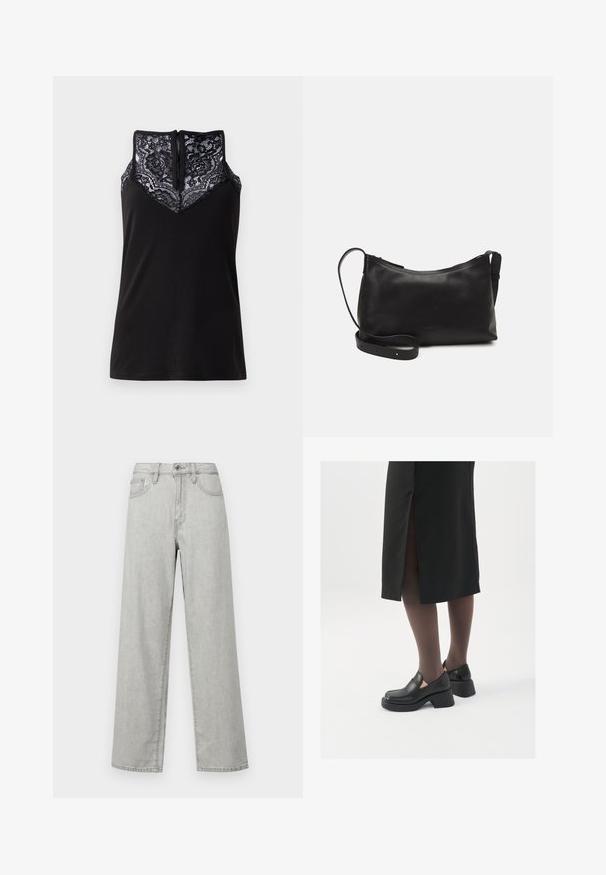 Crna majica bez rukava s čipkastim pokrovom na izrezu, s V-oblikovanim dizajnom i patentnim zatvaračem na leđima. Glatka tekstura tkanine.; Svijetlosivi široki traperice izrađene od denima, s visokim strukom, prednjim džepovima i standardnim zatvaranjem na dugme i patentni zatvarač.; Crne kožne cipele s zaobljenim vrhom, debelim blok petama i elastičnim bočnim detaljima, uparene s tamnim čarapama i crnom suknjom s prorezom.; Crna kožna torba na rame s glatkom teksturom, zakrivljenim oblikom, podesivim remenom i zatvaranjem na patentni zatvarač. Minimalistički dizajn bez ukrasa.
