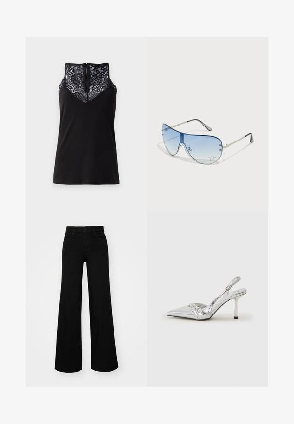 Zwart tanktop met een kanten overlay bij de halslijn, voorzien van een V-vormig ontwerp en een ritssluiting aan de achterkant. Glad textuur van de stof.; Zwarte wijdvallende broek van denim, met een gestructureerde tailleband, riemlussen en voorzakken. Glad van textuur met een klassiek ontwerp.; Zilveren slingback hoge hak schoen met een spitse neus, metalen afwerking, twee decoratieve banden en een slanke hak met een zwarte punt.; Aviator zonnebril met een gradient blauwe lens, zilveren metalen frame en decoratieve sterrenaccenten op de lens. Glad en strak ontwerp.