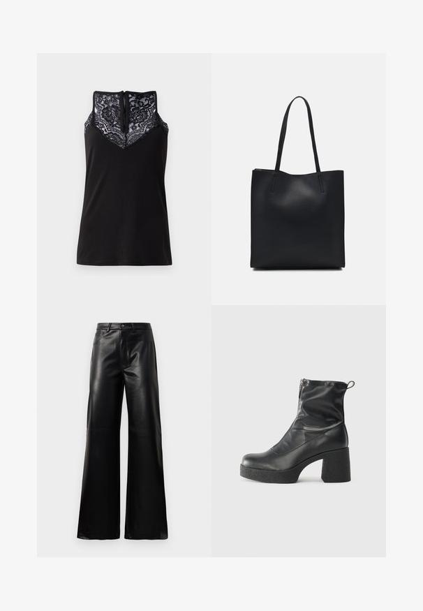 Svart linne med spetsöverdrag vid halsringningen, med en V-formad design och dragkedjestängning bak. Slät tygstruktur.; Svarta högmidjade vida byxor i konstläder med framknapp, dragkedjestängning, bältesöglor och sidofickor på vit bakgrund.; Svarta ankelstövlar i slitstark läder, med sidodragkedja, kraftig strukturerad klack och rundad tådesign.; Svart lädertoffelväska med slät textur, rektangulär form och två långa handtag. Ingen synlig hårdvara eller dekorationer.