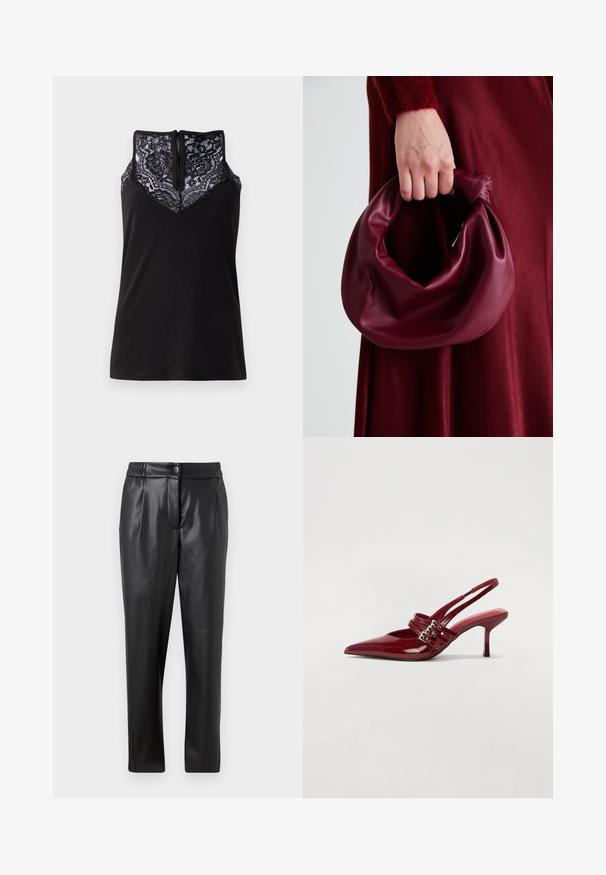 Melna topiņa ar mežģīņu pārklājumu ap kaklu, ar V-veida dizainu un rāvējslēdzēju aizmugurē. Gluda auduma tekstūra.; Melni ādas bikses ar gludu tekstūru, taisnu piegriezumu, elastīgu jostasvietu un priekšējo pogu aizdari; ar krokām un sašaurinātām kājām.; Sarkana lakota ādas kurpju kurpes ar atvērtu papēdi, norādītu purngalu, divām sprādzēm un slaidu, vidēja augstuma stiletu papēdi. Gluda tekstūra.; Burgundijas ādas rokassoma ar mīkstu, sakrautu dizainu un apaļu formu. Rokturi ir nostiprināti, parādot gludu tekstūru.