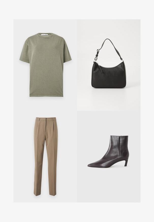 Camiseta de algodón verde oliva con cuello redondo, mangas cortas y un diseño simple, sin adornos. Textura suave y corte relajado.; Pantalones marrones ajustados hechos de una tela suave, que presentan un diseño de pierna recta, pliegues frontales y una cinturilla con presillas para cinturón.; Botín negro de cuero hasta el tobillo con punta afilada y tacón bajo de tipo kitten, acabado suave, con cremallera lateral, presentado sobre un fondo neutro.; Bolso de mano de cuero negro con forma curvada, una sola correa, cierre de cremallera y marcas sutiles en la parte frontal. Textura suave, diseño minimalista.