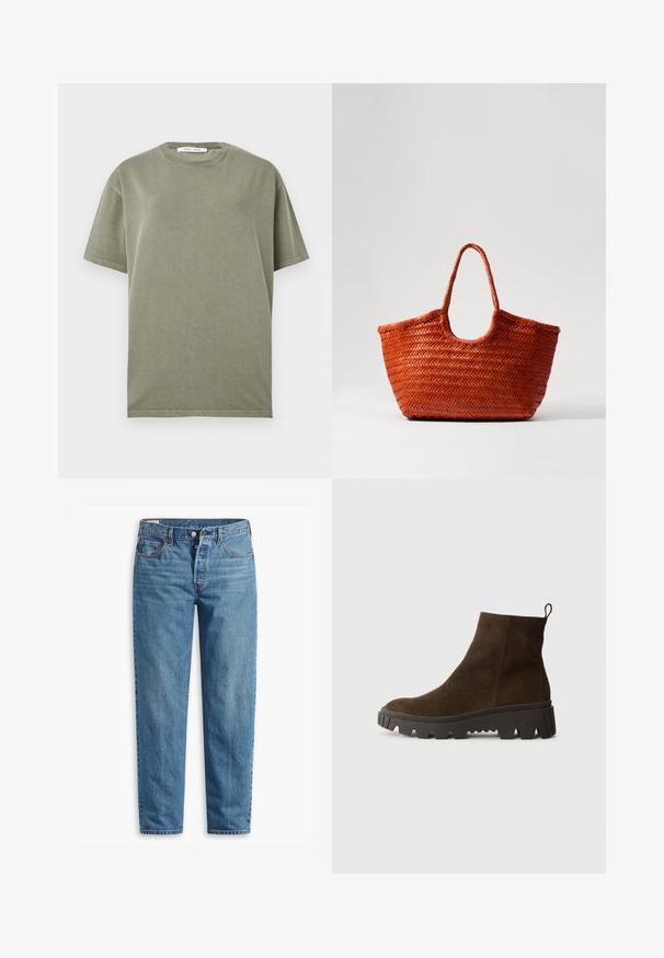 Olivenfarvet bomulds T-shirt med rund hals, korte ærmer og et simpelt, udekoreret design. Blød tekstur og afslappet pasform.; Blå denimjeans med lige ben, der har lynlås i gylpen, to forlommer og subtil falming over stoffet.; Brun ruskindsankelstøvle med en kraftig sort gummisål, der har en let hæl og en slip-in hækling for nem påklædning.; DRAGON DIFFUSION NANTUCKET BASKET BIG - Håndtasker - naranja