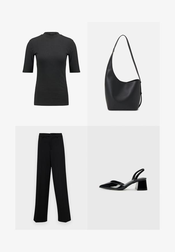 Melna ribota t-kreklu ar augstu apkakli un īsām piedurknēm. Gluda, pieguļoša iespēja bez jebkādiem rakstiem vai redzamām detaļām.; Melnas platajās bikses, kas izgatavotas no gludas auduma, ar klasisku jostu un pogu aizdari, kā arī priekšējām kroku detalizācijām.; Melna lakota āda ar atvērto papēdi, ar smailu purngalu un ģeometrisku blokpapēdi. Iezīmējas elegants, minimāls dizains un gluda tekstūra.; Melnas ādas hobo soma ar gludu tekstūru, izliekta forma un vienu regulējamu jostu; augšā ir plaša atvere.