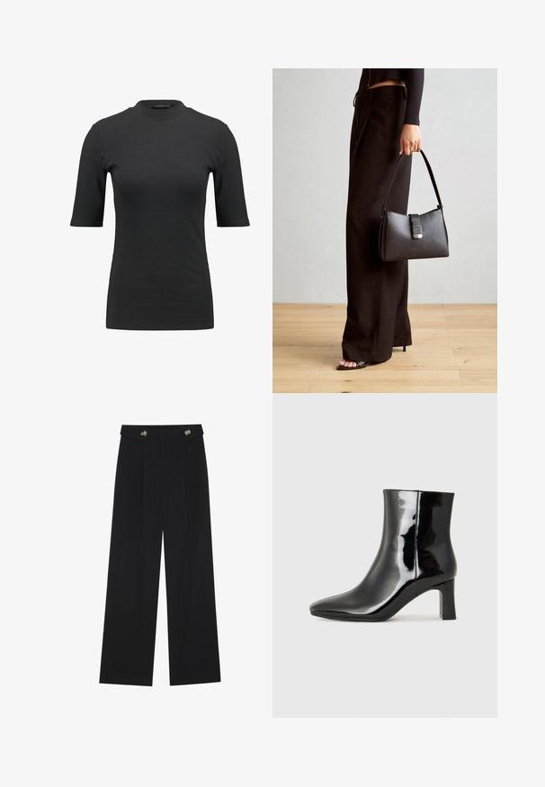 Czarna, prążkowana koszulka z wysokim dekoltem i krótkimi rękawami. Gładki, dopasowany fason bez jakichkolwiek wzorów czy widocznych detali metalowych.; Czarne szerokie spodnie z wysokim stanem, z detalami w postaci guzików na pasku oraz plisami z przodu.; Czarne lakierowane botki za kostkę z wysmukłym noskiem i średniej wysokości obcasem w kształcie słupka. Gładka tekstura i minimalistyczny design.; Czarna torebka o usztywnionym kształcie, gładkiej fakturze i metalowym zapięciem. Połączona z szerokimi czarnymi spodniami i sandałami na otwartym palcu na drewnianej podłodze.