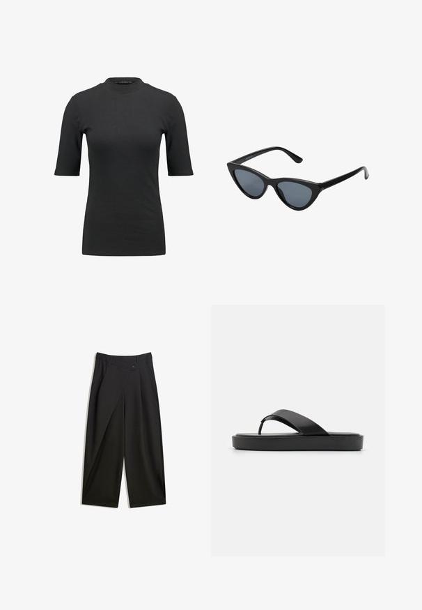 Sort ribbet t-shirt med høj hals og korte ærmer. Glat, tætsiddende design uden mønstre eller synlige hardwaredetaljer.; Sorte vidde bukser lavet af glat stof. Har en frontfold, knaplukning og en skræddersyet talje for en strømlinet pasform.; Sorte klip-klap sandals med en glat overdel og en tekstureret sål. Minimalistisk design med en lavprofil silhuet.; Sorte katteøje solbriller med mørkegrå linser, slankt plastisk stel, spidse hjørner og lige stænger. Ingen synlig hardware eller dekorationer.; Naturlig vævet stråtaske med en tekstureret overflade, stor åben top, buet form og en mørk læderrem. Har en sort accent i bunden.
